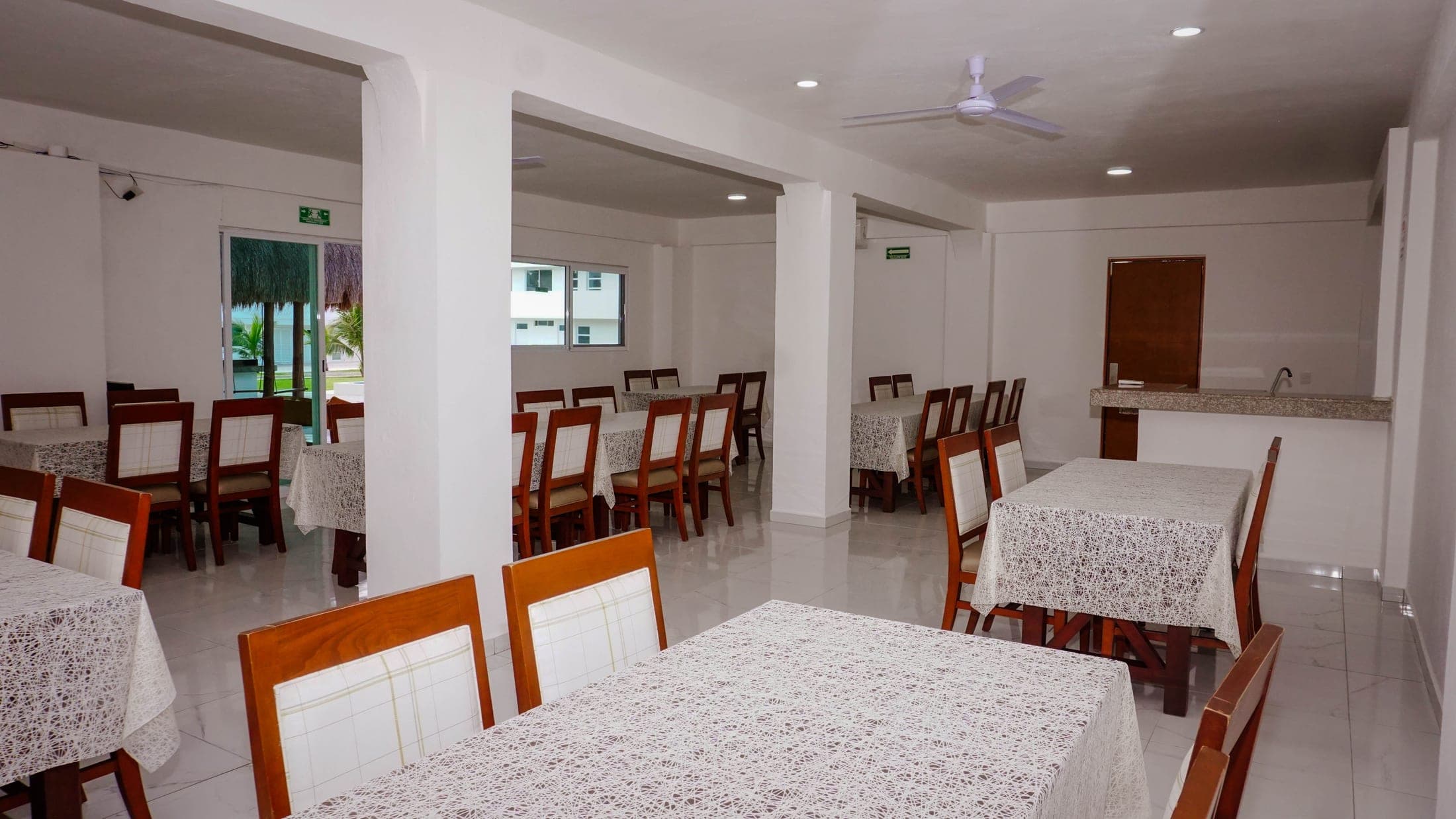 The hotel's bright dining room